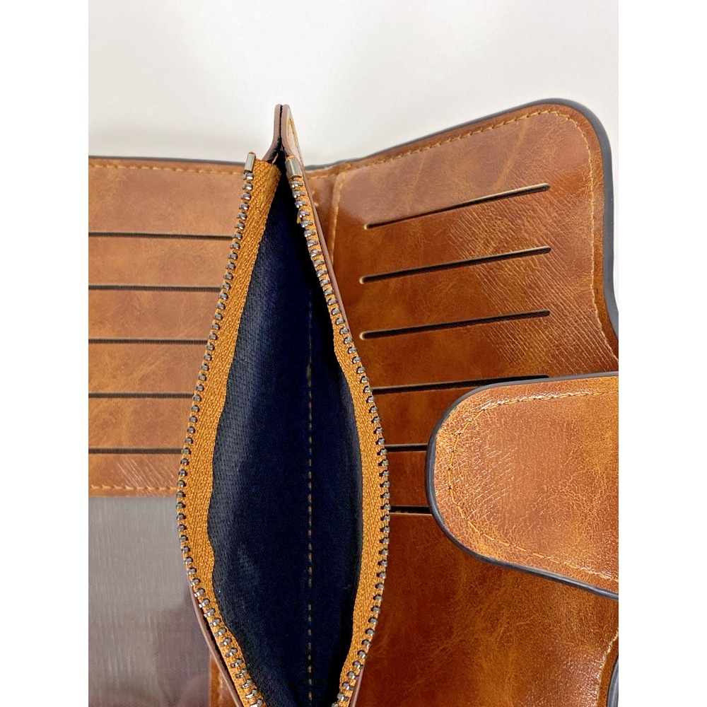 Menbense Minimalistic Oilwax PU Leather Ladies 7" Long Wallet Brown - Picture 2 of 7